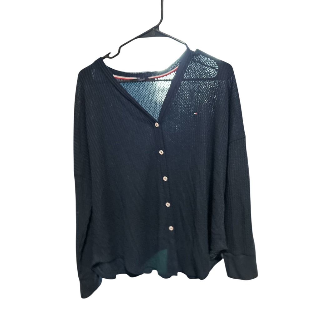 Tommy Hilfiger Waffle Knit Button Down Cardigan Navy Blue Long Sleeve Womens ‎ L